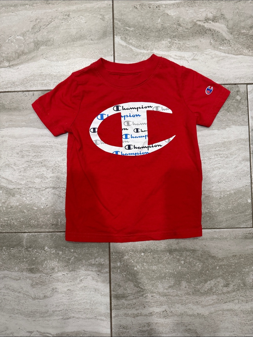 Champion Kids Red Logo Tee with White & Blue Crest